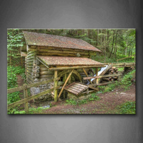 Wooden Grist Mill With Small Fence In Forest Wall Art Painting The Picture Print On Canvas City Pictures For Home Decor Decoration Gift 