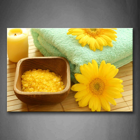 Yellow Flowers Green Towel And Wooden Bowl Wall Art Painting Pictures Print On Canvas Art The Picture For Home Modern Decoration 