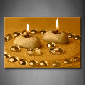 Yellow Orange Candles In The Stones Surrounded By Water Drops Wall Art Painting Pictures Print On Canvas Art The Picture For Home Modern Decoration 