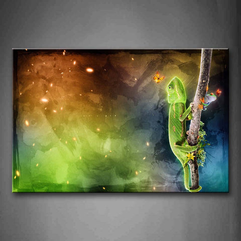 Cool Green Chameleon On Branch Butterfly Colorful Sky Wall Art Painting The Picture Print On Canvas Abstract Pictures For Home Decor Decoration Gift 