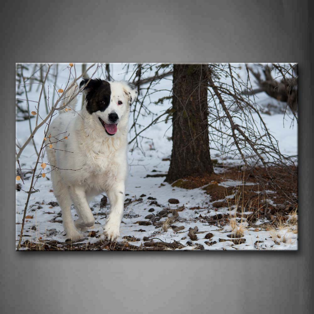 White Dog Walk On Snowfield Trees Grass Wall Art Painting The Picture Print On Canvas Animal Pictures For Home Decor Decoration Gift 