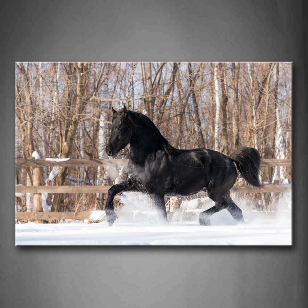 Black Horse Is Running On Snowfield Wall Art Painting Pictures Print On Canvas Animal The Picture For Home Modern Decoration 