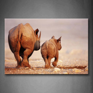 Mother Rhino And Cub Walk On Land Wall Art Painting Pictures Print On Canvas Animal The Picture For Home Modern Decoration 