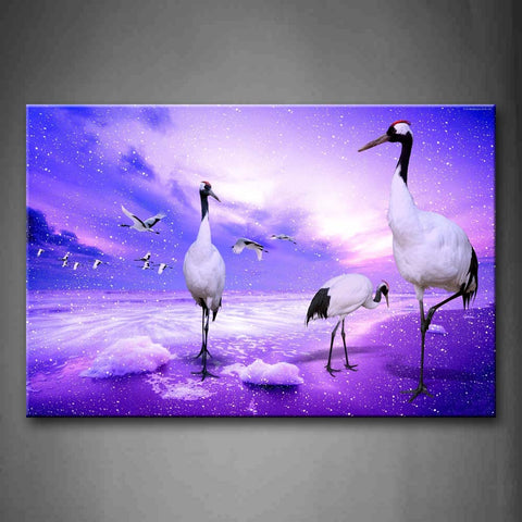 Artistic  Cranes Stand And Fly In Purple Background Wall Art Painting Pictures Print On Canvas Animal The Picture For Home Modern Decoration 