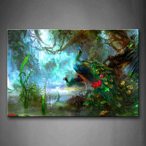 Two Peacocks Walk In Forest Beautiful Wall Art Painting The Picture Print On Canvas Animal Pictures For Home Decor Decoration Gift 