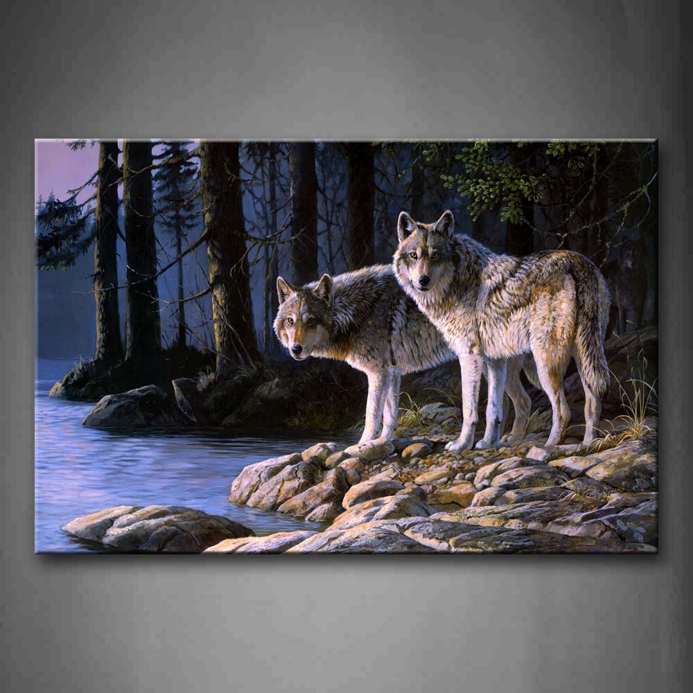 Two Wolfs Stand On River Bank Forest  Wall Art Painting Pictures Print On Canvas Animal The Picture For Home Modern Decoration 