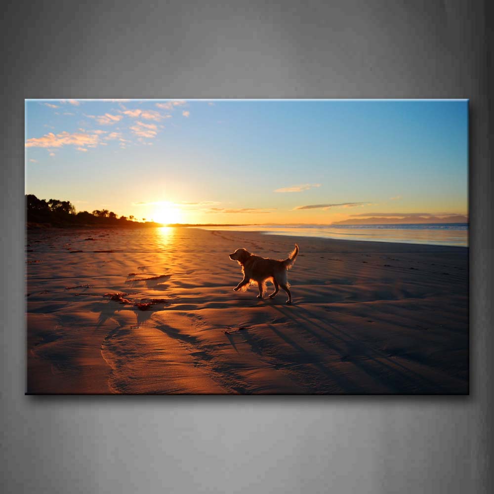 Dog Walk On Beach At Sunset Wall Art Painting Pictures Print On Canvas Animal The Picture For Home Modern Decoration 