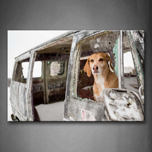 Dog On Abandon Car Staring In Winter Wall Art Painting The Picture Print On Canvas Animal Pictures For Home Decor Decoration Gift 