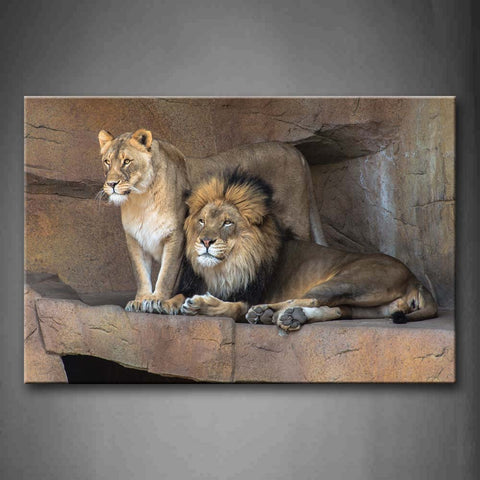 Male And Female Lions In Rock Cave Wall Art Painting Pictures Print On Canvas Animal The Picture For Home Modern Decoration 