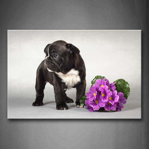 Puppy Stand Near A Bunch Of Purple Flower Wall Art Painting The Picture Print On Canvas Animal Pictures For Home Decor Decoration Gift 