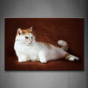 White And Yellow Cat Wear A Glass In Brown Background Wall Art Painting Pictures Print On Canvas Animal The Picture For Home Modern Decoration 