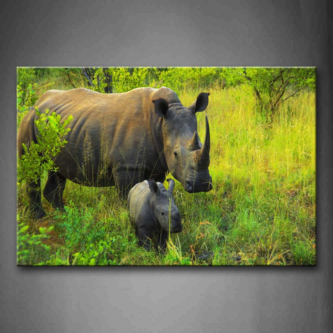 Mother Rhino And Cub Walk On Grassland Trees Wall Art Painting The Picture Print On Canvas Animal Pictures For Home Decor Decoration Gift 