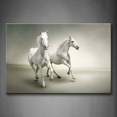 Two White Horse Are Running On Gray Background Wall Art Painting The Picture Print On Canvas Animal Pictures For Home Decor Decoration Gift 