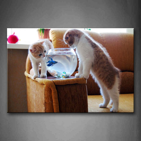 Two Cat Stare At Fish Tank And Want To Eat Fish Wall Art Painting The Picture Print On Canvas Animal Pictures For Home Decor Decoration Gift 