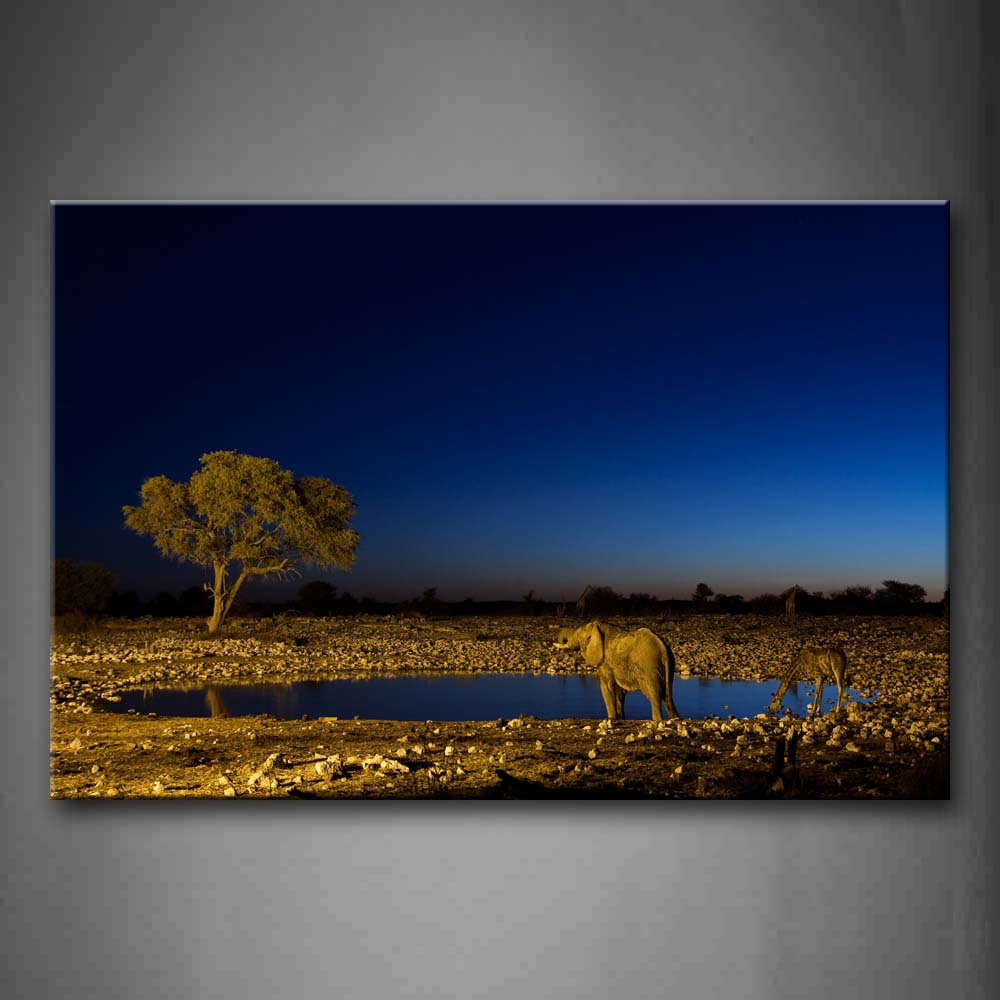 Elephant Pool  Tree Stones At Night Wall Art Painting The Picture Print On Canvas Animal Pictures For Home Decor Decoration Gift 