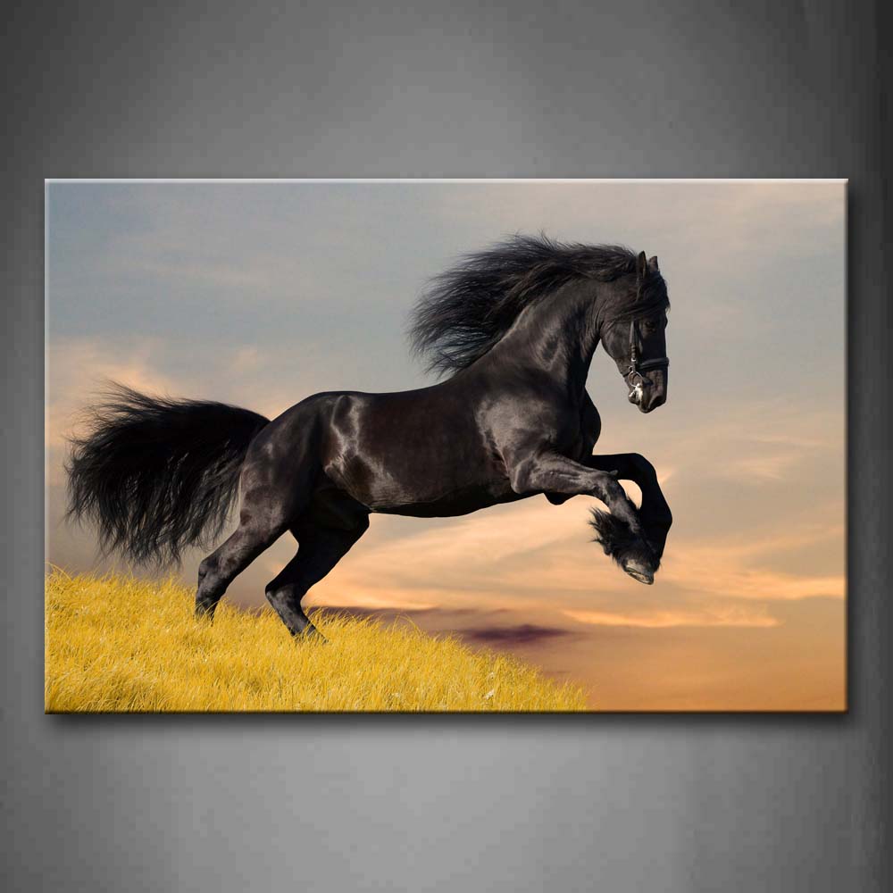 Horse Jump Over Yellow Grass Wall Art Painting Pictures Print On Canvas Animal The Picture For Home Modern Decoration 