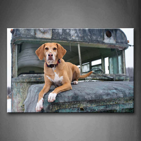 Yellow Dog Bend Over A Old Car Wall Art Painting Pictures Print On Canvas Animal The Picture For Home Modern Decoration 