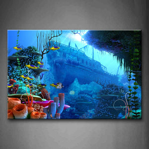 Blue Fish Colorful With Big Boat In Sea Wall Art Painting The Picture Print On Canvas Animal Pictures For Home Decor Decoration Gift 