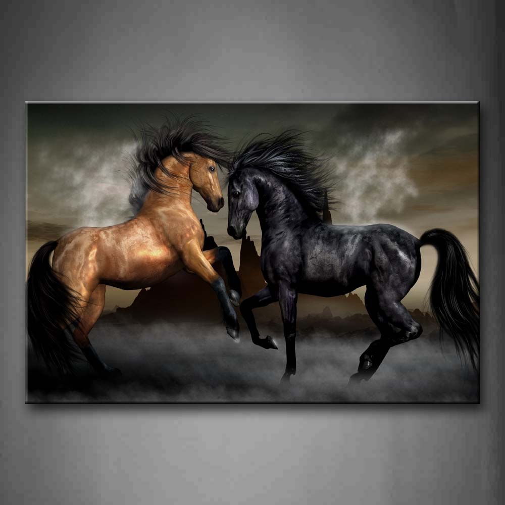 Yellow And Black Horse Play Together Wall Art Painting The Picture Print On Canvas Animal Pictures For Home Decor Decoration Gift 