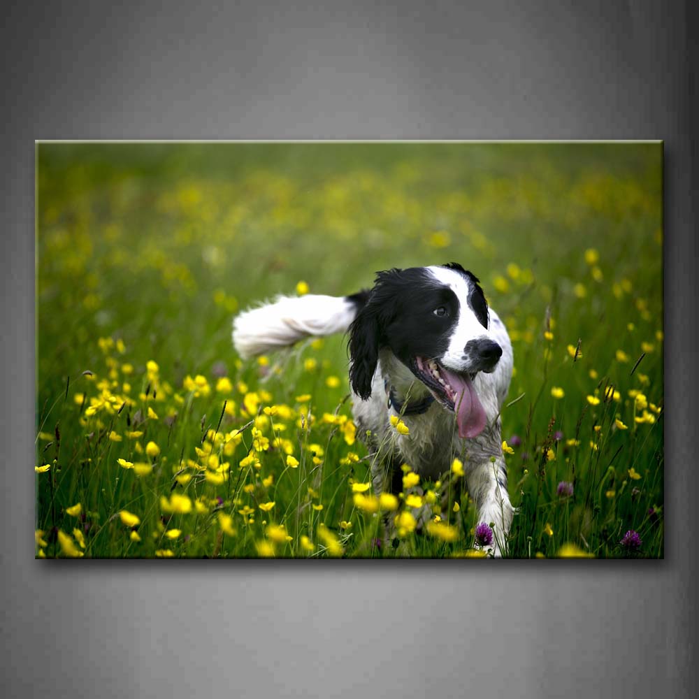 White And Black Dog Play In Yellow Anthemy Wall Art Painting The Picture Print On Canvas Animal Pictures For Home Decor Decoration Gift 