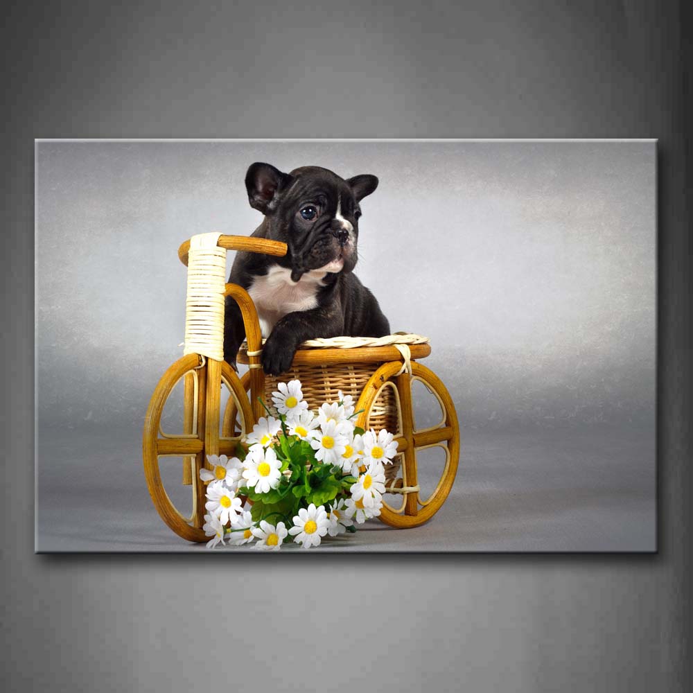 Black And White Puppy In Basket Flower Wall Art Painting Pictures Print On Canvas Animal The Picture For Home Modern Decoration 