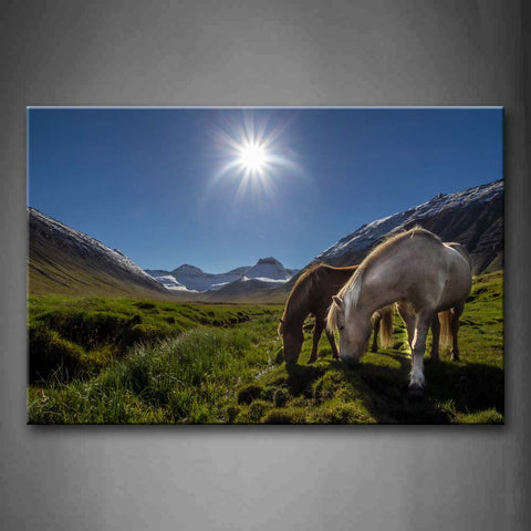 Two Hrse Eating Grass On Lawn Mountain Bright Sun Wall Art Painting The Picture Print On Canvas Animal Pictures For Home Decor Decoration Gift 