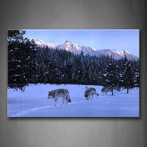 Three Wolfs Walk On Snowfield Tree Mountain Wall Art Painting The Picture Print On Canvas Animal Pictures For Home Decor Decoration Gift 