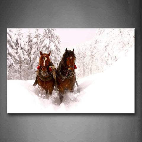 Two Brown Horse Drag On Snowfield Trees Wall Art Painting The Picture Print On Canvas Animal Pictures For Home Decor Decoration Gift 