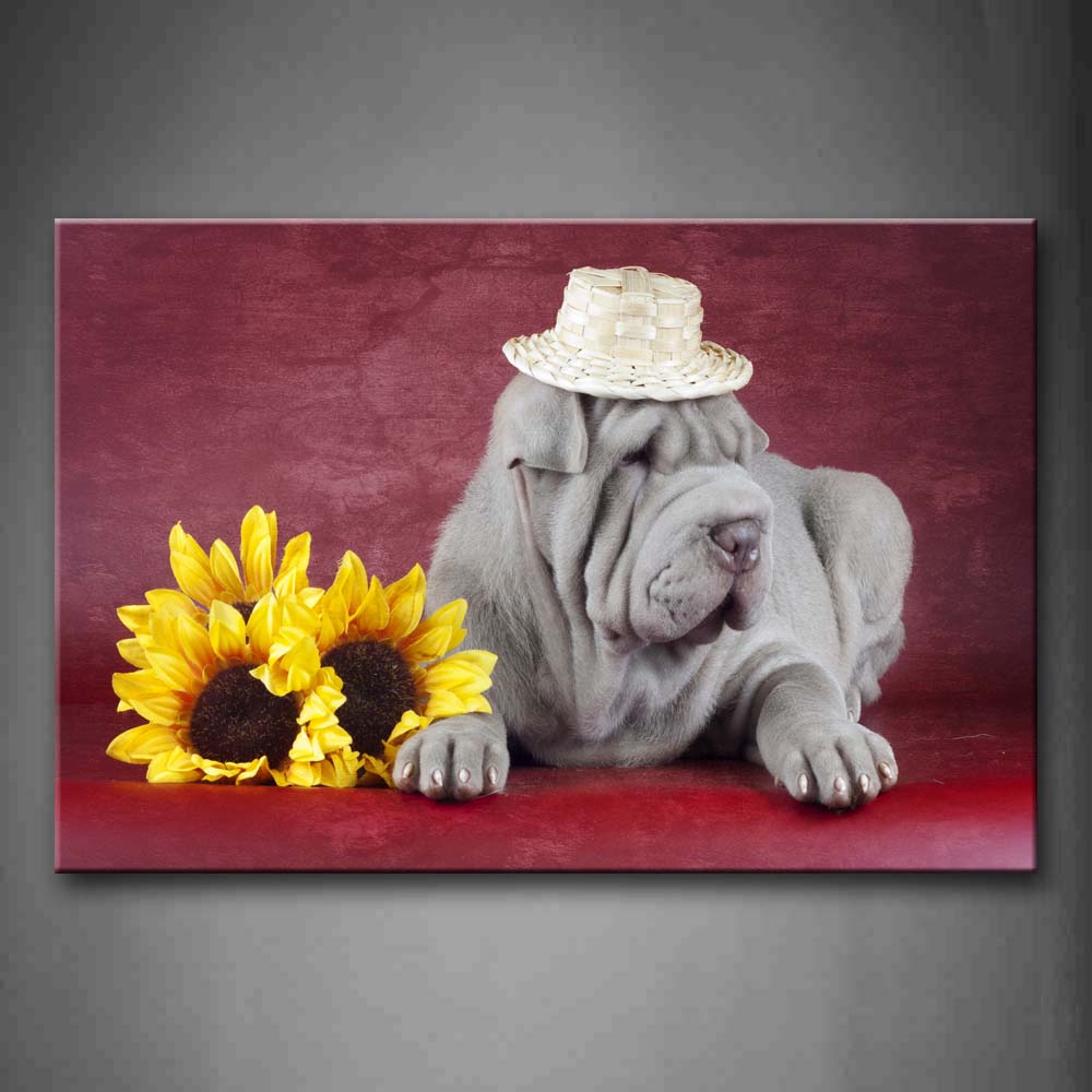 Red White Shar Pei Wear Cap With Yellow Flower In Pink Background Wall Art Painting The Picture Print On Canvas Animal Pictures For Home Decor Decoration Gift 