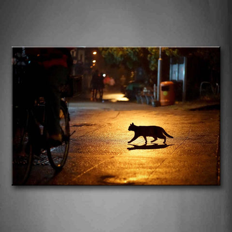 Cat Walk Through Road People Bicycle At Night  Wall Art Painting The Picture Print On Canvas Animal Pictures For Home Decor Decoration Gift 