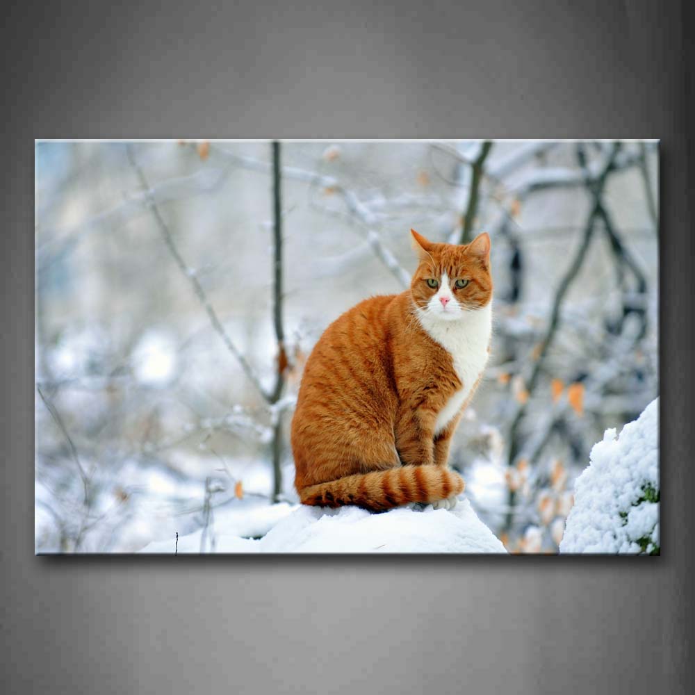 Yellow Cat Sit On Snowfield Branch Wall Art Painting The Picture Print On Canvas Animal Pictures For Home Decor Decoration Gift 