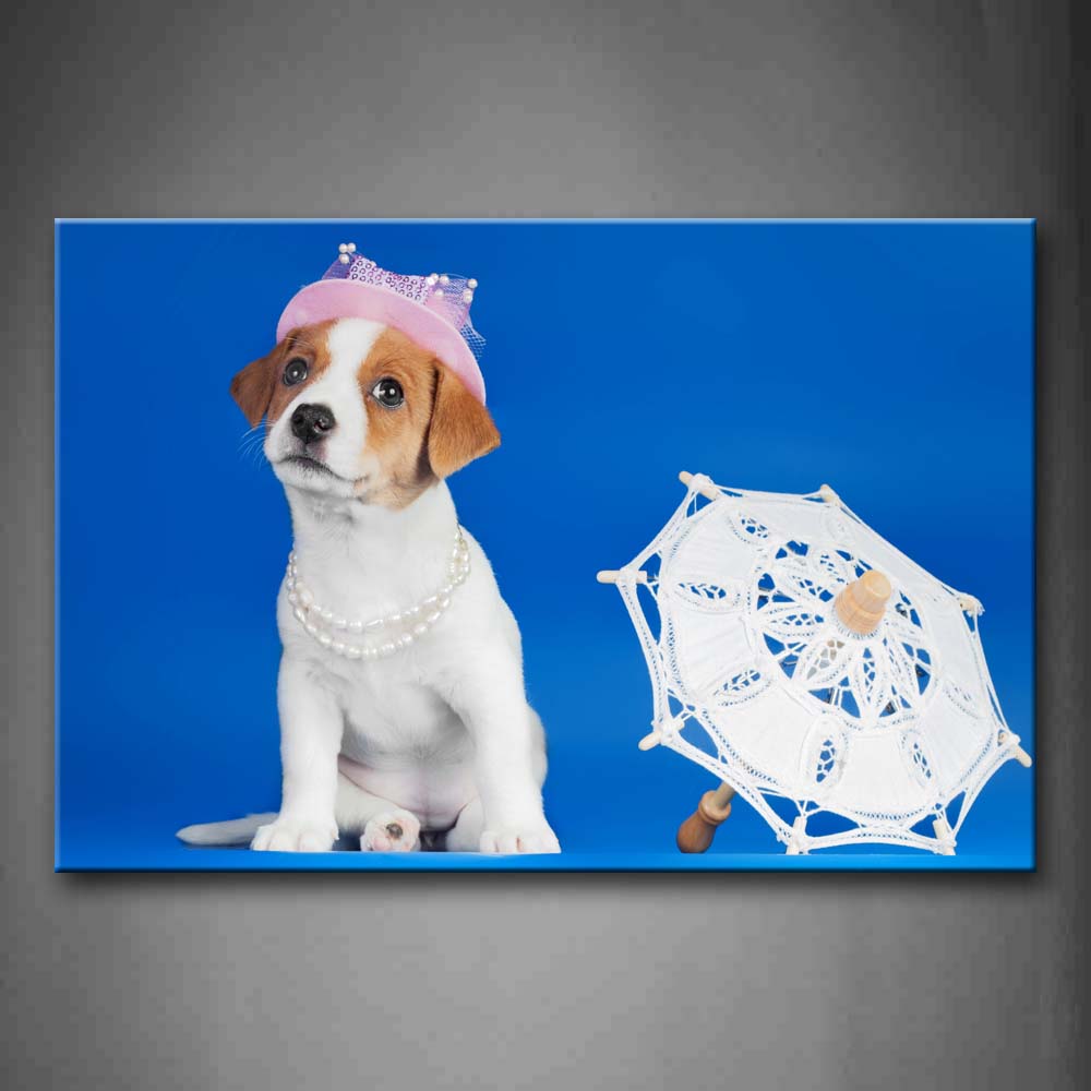 White Dog Wear A Cap And Necklace Near A Umbrella In Blue Background Wall Art Painting The Picture Print On Canvas Animal Pictures For Home Decor Decoration Gift 