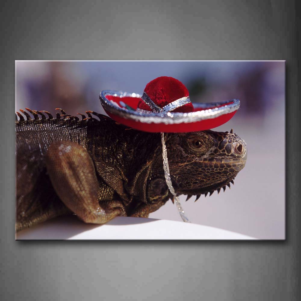 Iguana Wear Red Cap  Wall Art Painting Pictures Print On Canvas Animal The Picture For Home Modern Decoration 