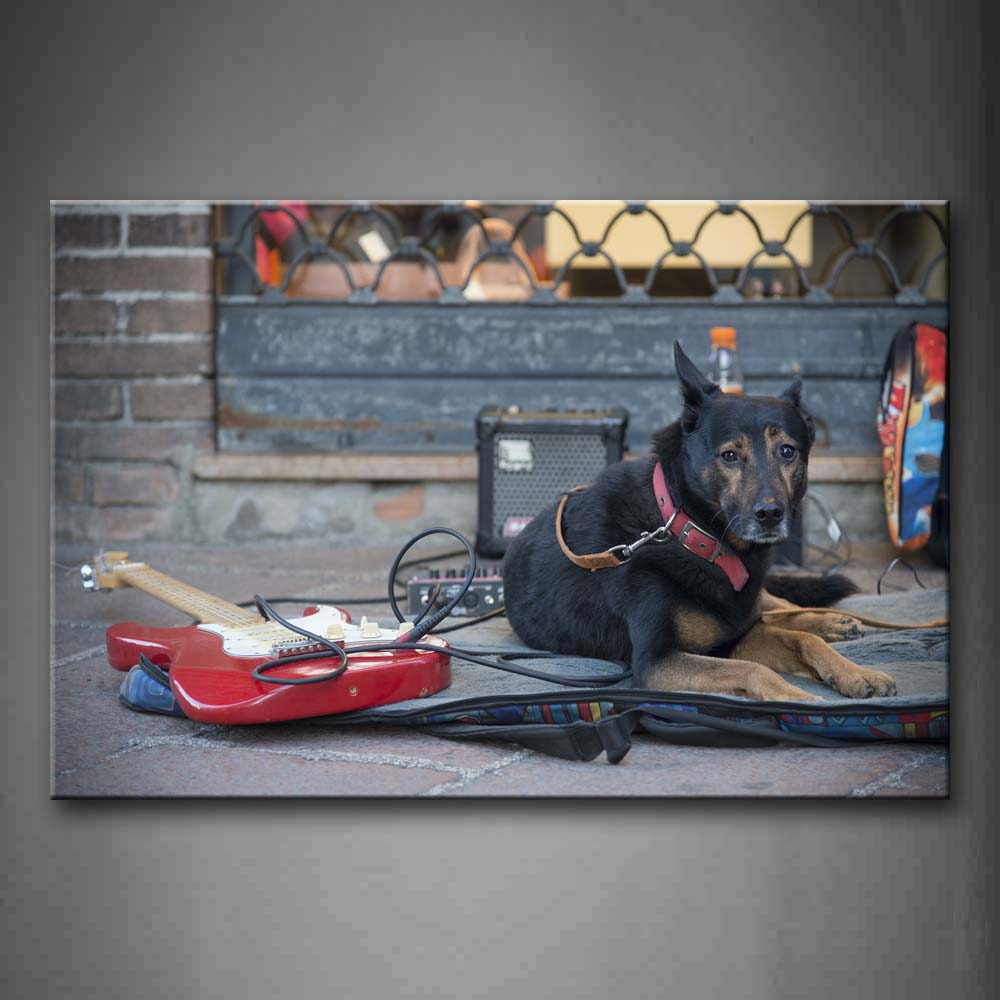 Black Dog Lie On Road Guitar Like Busker Wall Art Painting Pictures Print On Canvas Animal The Picture For Home Modern Decoration 