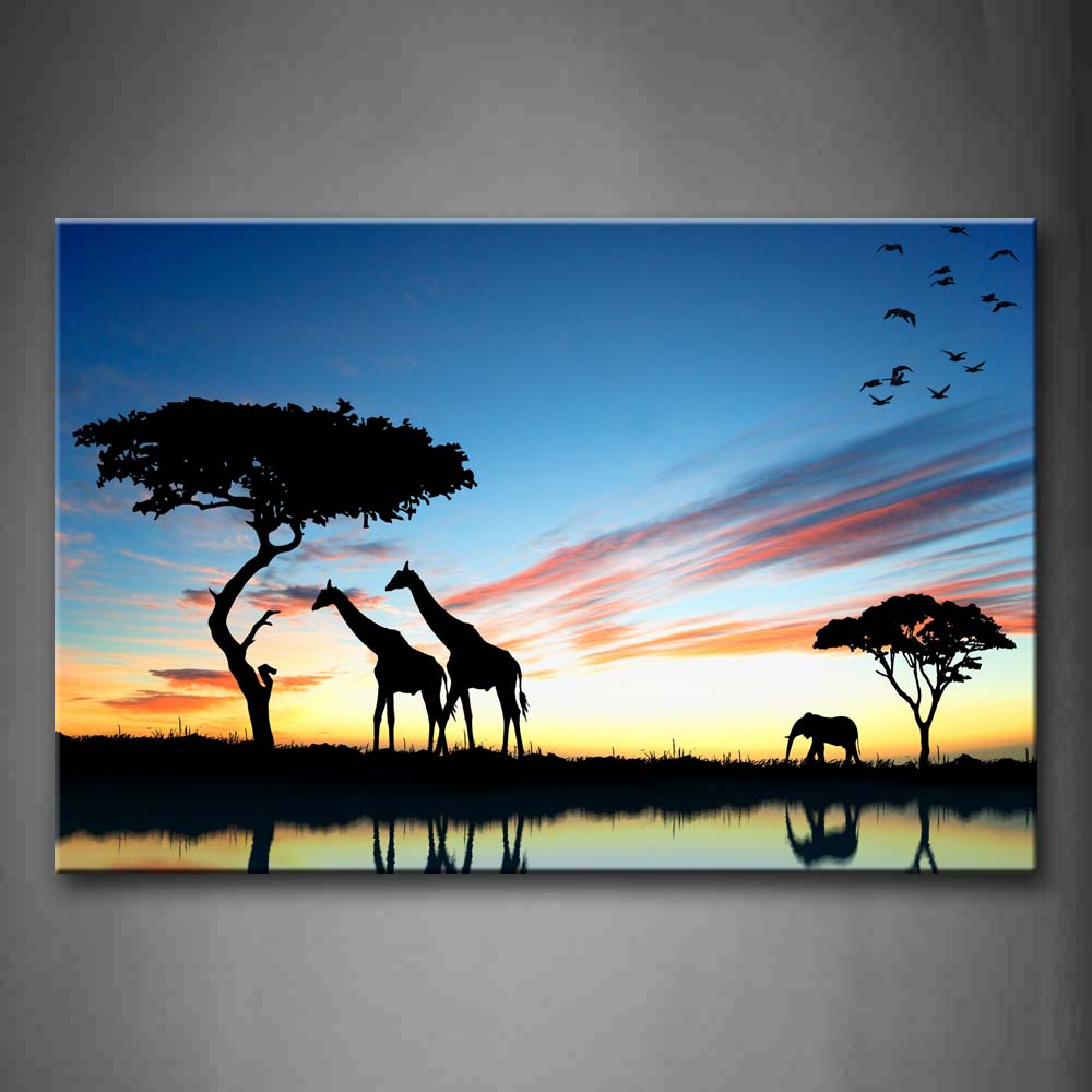 Two Giraffe Under Tree And A Elephant Bird Near Lake At Dusk Wall Art Painting The Picture Print On Canvas Animal Pictures For Home Decor Decoration Gift 