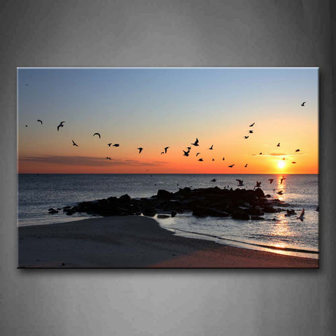 Group Of Bird Fly Away Beach At Sunset Wall Art Painting Pictures Print On Canvas Seascape The Picture For Home Modern Decoration 