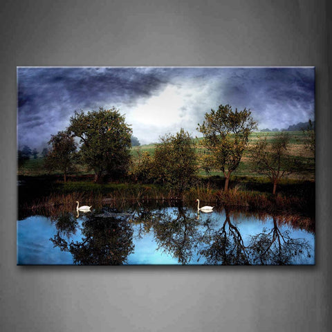 Two Swan Swimming On Lake Trees Cloudy Wall Art Painting The Picture Print On Canvas Animal Pictures For Home Decor Decoration Gift 