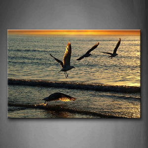 Four Seagull Fly Away Beach At Dusk Wall Art Painting Pictures Print On Canvas Animal The Picture For Home Modern Decoration 