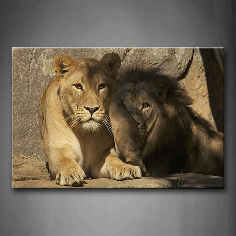 Two Lions Lie On Land Near Rock Wall Art Painting The Picture Print On Canvas Animal Pictures For Home Decor Decoration Gift 