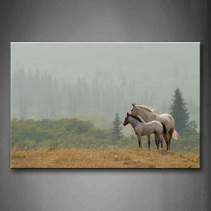 Big And Small Horses Stand On Dry Grass Hill Trees Wall Art Painting The Picture Print On Canvas Animal Pictures For Home Decor Decoration Gift 