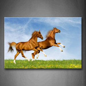 Two Yellow Horses Running Over Grassland Yellow Flower Wall Art Painting The Picture Print On Canvas Animal Pictures For Home Decor Decoration Gift 