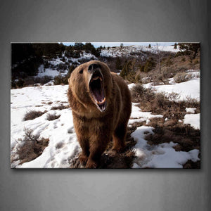 Brown Bear Open Mouth On Snowfield Grass Tree Wall Art Painting The Picture Print On Canvas Animal Pictures For Home Decor Decoration Gift 