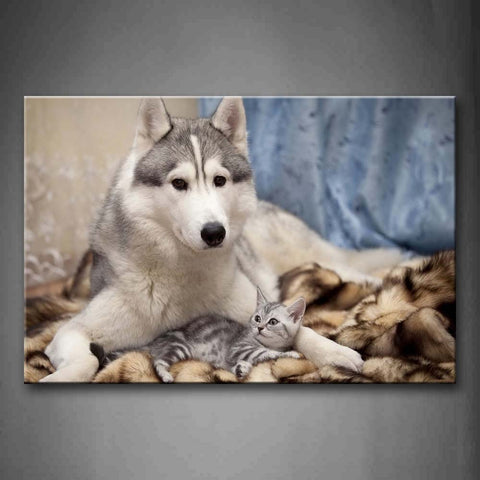 Siberian Husky With A Cat Lie On Blanket Wall Art Painting Pictures Print On Canvas Animal The Picture For Home Modern Decoration 