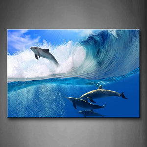 Dolphins Jump Over Sea And Swimming In Blue Sea Wave Wall Art Painting Pictures Print On Canvas Animal The Picture For Home Modern Decoration 