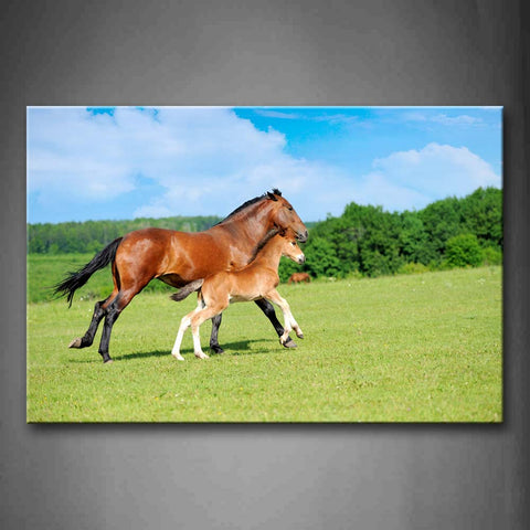 Mother Horse And Young Horse Running On Lawn Wall Art Painting Pictures Print On Canvas Animal The Picture For Home Modern Decoration 