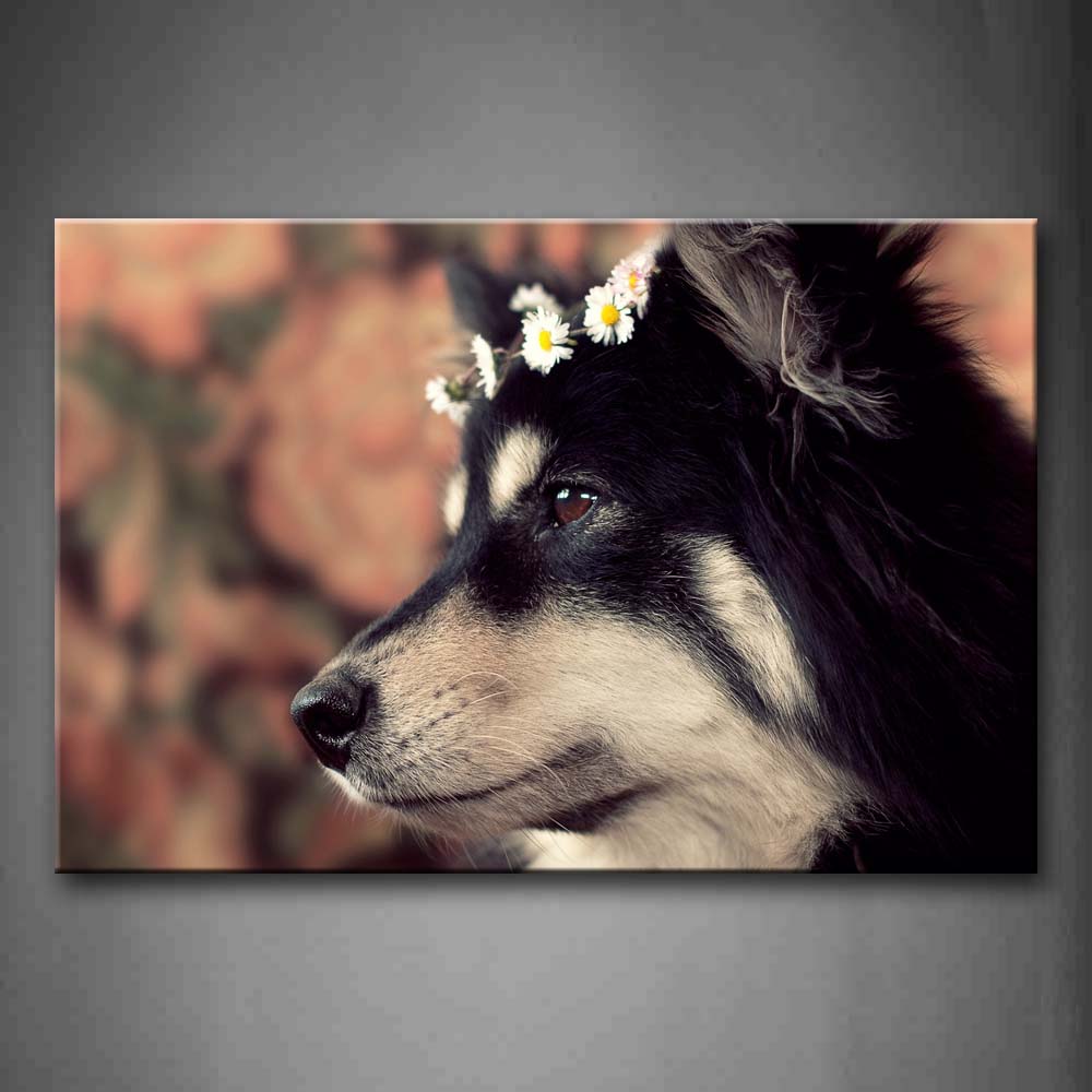 Portrait Of Black Dog Wear A Flower Cap Wall Art Painting The Picture Print On Canvas Animal Pictures For Home Decor Decoration Gift 