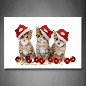 Three Cats Sear Red Cap Near A Necklace  Wall Art Painting The Picture Print On Canvas Animal Pictures For Home Decor Decoration Gift 