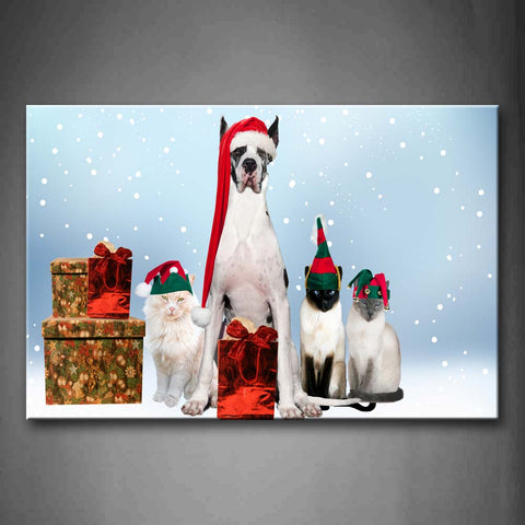 Dog And Cats Sit Near Gifts Snowing Wall Art Painting The Picture Print On Canvas Animal Pictures For Home Decor Decoration Gift 