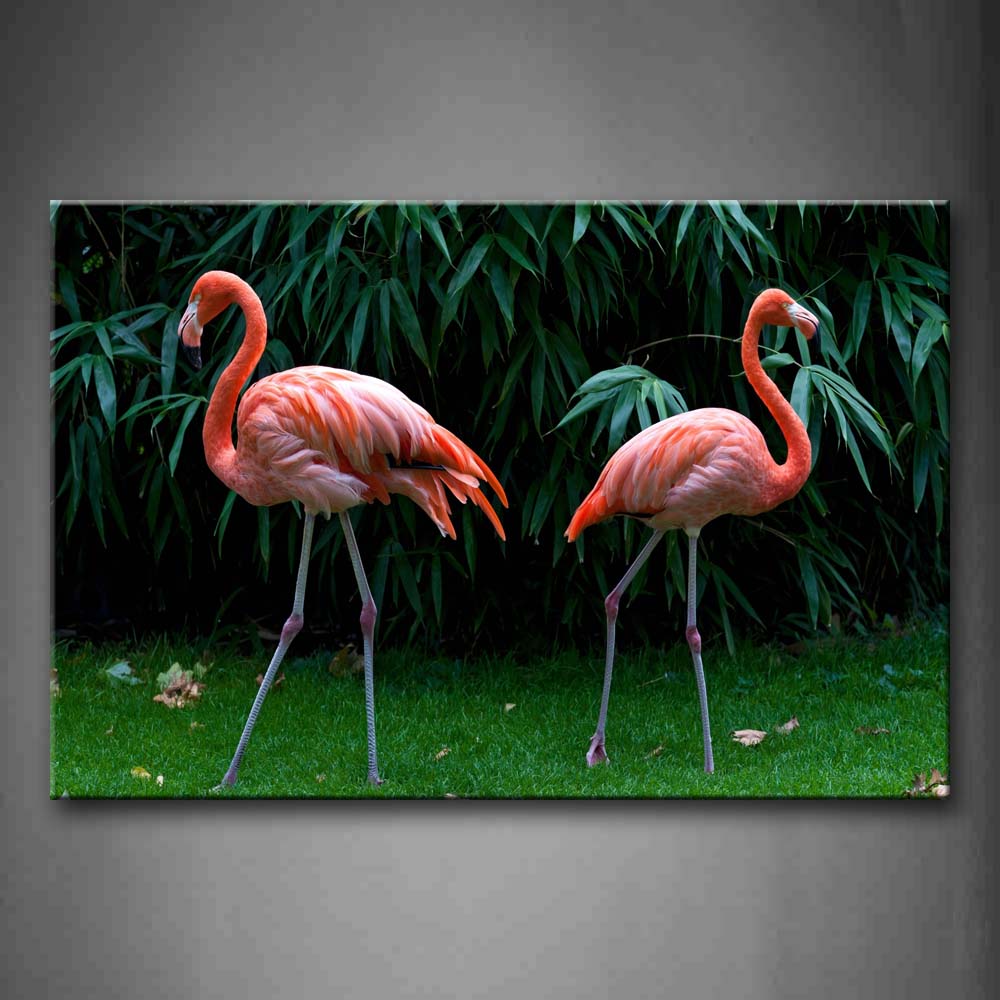 Two Flamingos Stand On Lawn In Front Of Green Plant Wall Art Painting The Picture Print On Canvas Animal Pictures For Home Decor Decoration Gift 