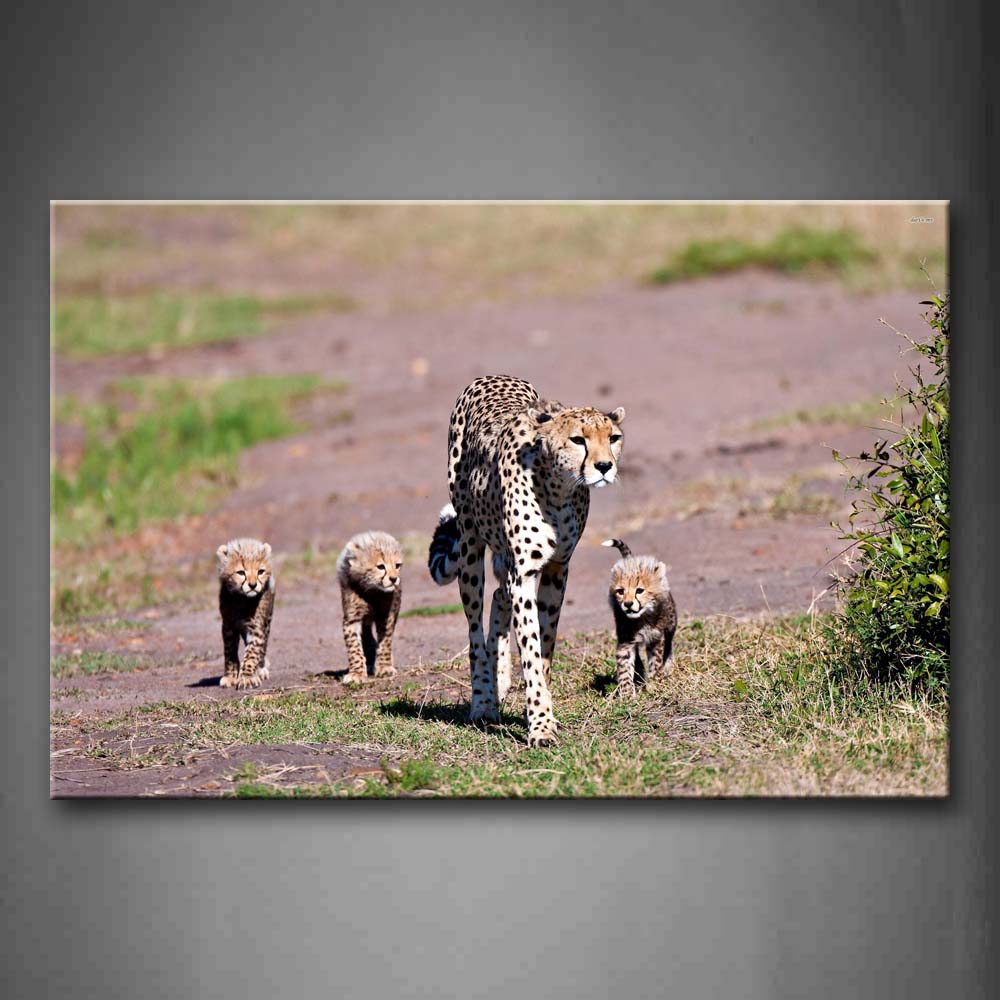 Mother Cheetah And Cubs Walk On Grass Plant Wall Art Painting The Picture Print On Canvas Animal Pictures For Home Decor Decoration Gift 